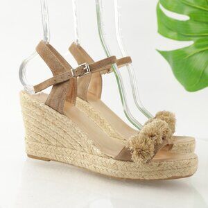 Saks Fifth Avenue Womens Sandal Size 9 Taupe Tan Suede Pom Pom Espadrille Wedge